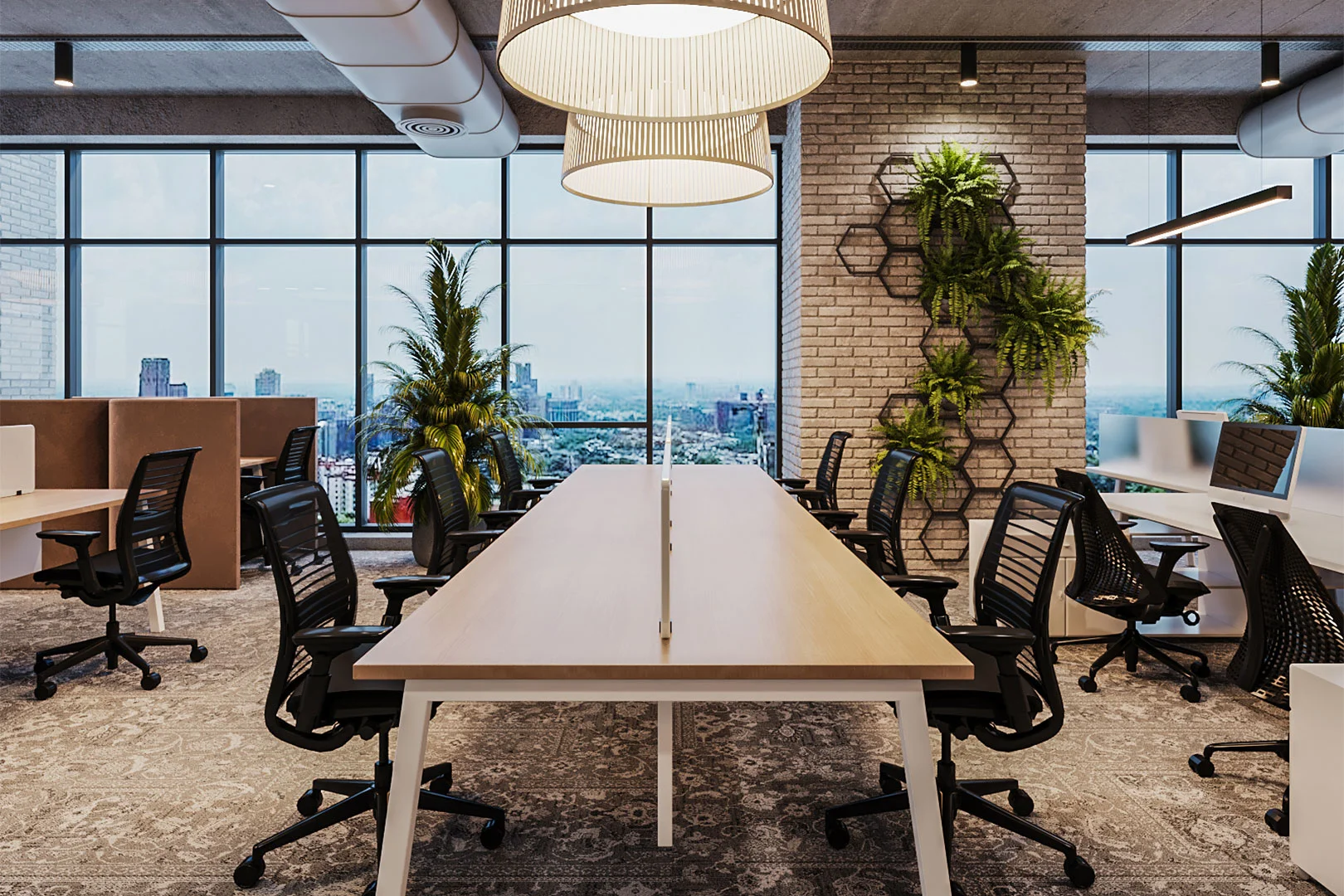 A bright office featuring a large window that illuminates a modern desk, creating a productive workspace.